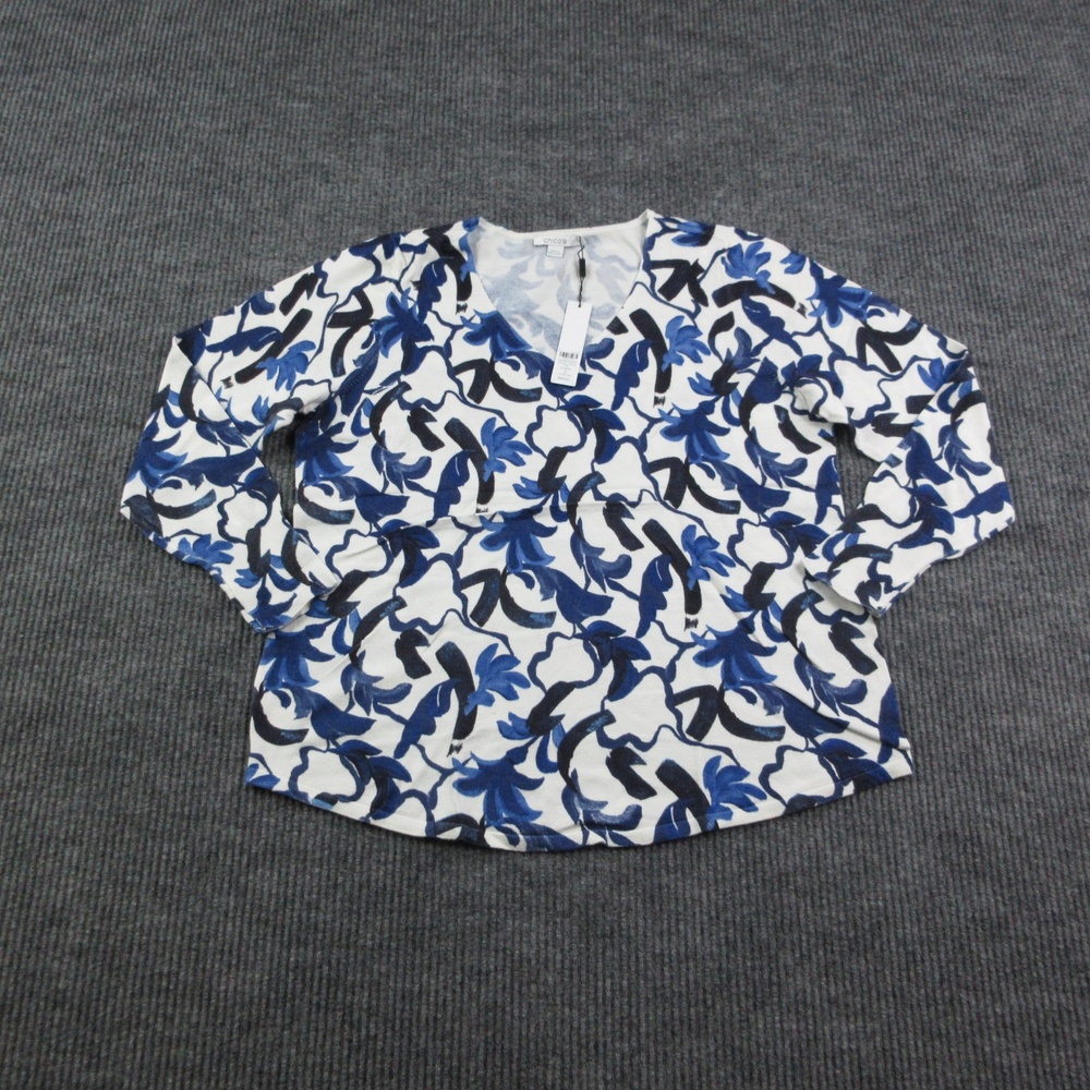 Chico's Sweater Womens L White Dolman Pullover V-Neck Floral Lightweight NWT